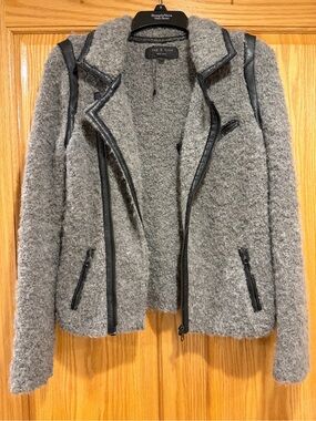 NEW Rag & Bone XS wool alpaca leather knit boucle grey black moto jacket fuzzy